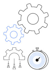 Interlocking gears, stopwatch, and workflow diagram with figures emphasize efficiency, teamwork, and time management. Ideal for productivity, project planning, cooperation, systemized work