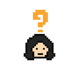 Obraz premium Cute pixel cartoon character woman with question mark decoration 8 bit female girl lady confused idea question mark think questionnaire choose cartoon pixel game 8bit png vector.