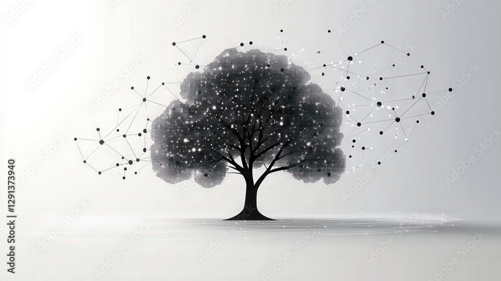 Poster abstract representation of a tree with digital connections and particles in a minimalist background