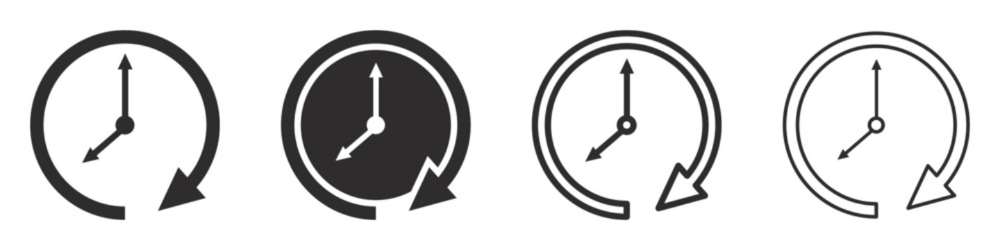 Set of clock and rotating time arrow icons. Rotating time arrow symbol. Vector time and clock icon. EPS10.