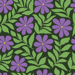 Seamless pattern with hand drawn purple flowers and leaves on dark green background. Modern botanical print for fabric, cover, card, flyer. Vector illustration