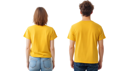 Portrait of a young beautiful woman short hair and handsome man korean wearing a yellowT-shirt and jeans, back view, mockup template design