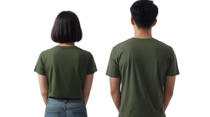 Portrait of a young beautiful woman short hair and handsome man korean wearing a green T-shirt and jeans, back view, mockup template design