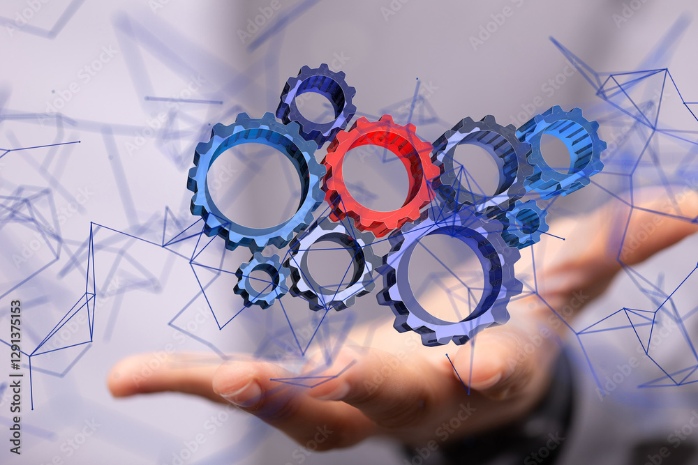Poster gear system data. Connecting lines and dots.Big data visualization  - neural network exposure digital