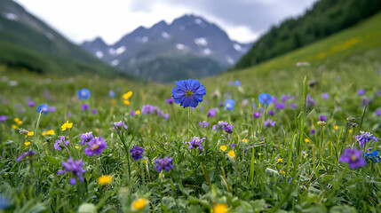 Obraz premium Alpine meadow wildflowers, mountains background, nature scene, travel poster