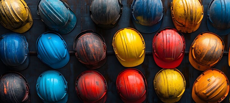 Assorted colorful hard hats piled on a surface. Workplace safety theme,


