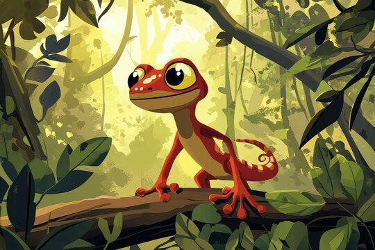 cartoon gecko character walking in the forrest, adventuretime cartoon artsty out of puzzle