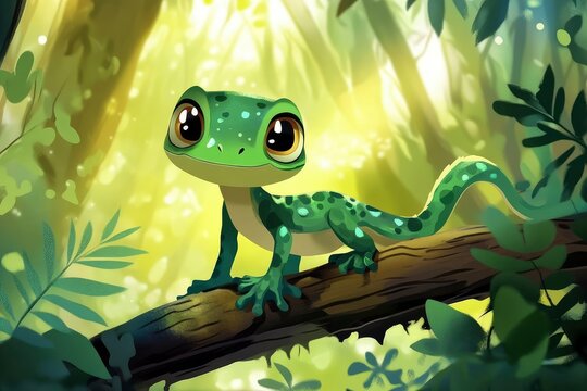 cartoon gecko character walking in the forrest, adventuretime cartoon artsty out of puzzle
