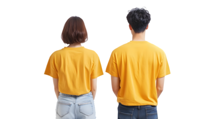Portrait of a young beautiful woman short hair and handsome man korean wearing a yellowT-shirt and jeans, back view, mockup template design