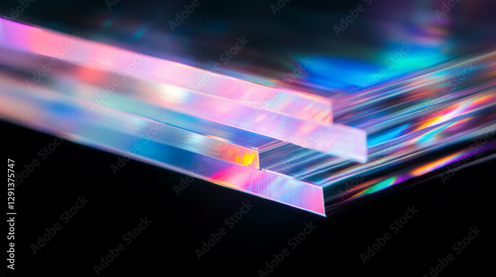 Poster vibrant layered colored glass texture with reflective light patterns for artistic design