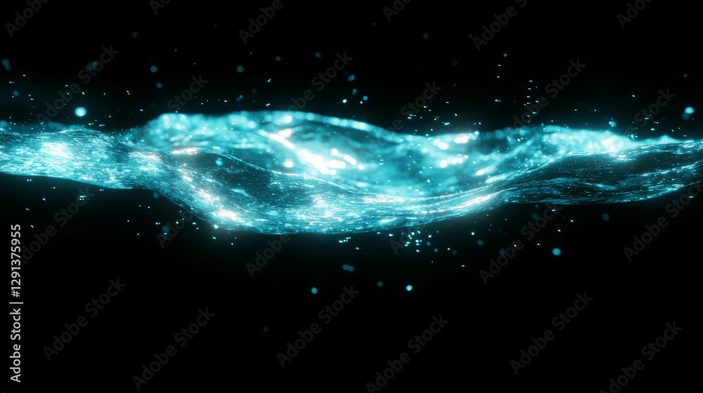 Poster Luminous blue wave with sparkling particles on a dark background for design