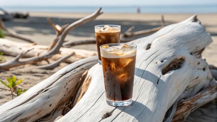 Iced coffee served in glasses on sun-bleached driftwood at the beach on a sunny day