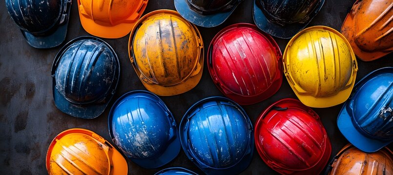 Assorted colorful hard hats piled on a surface. Workplace safety theme,


