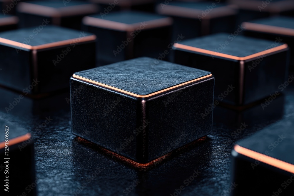 Poster Black cubes with orange edges forming a grid pattern on dark background