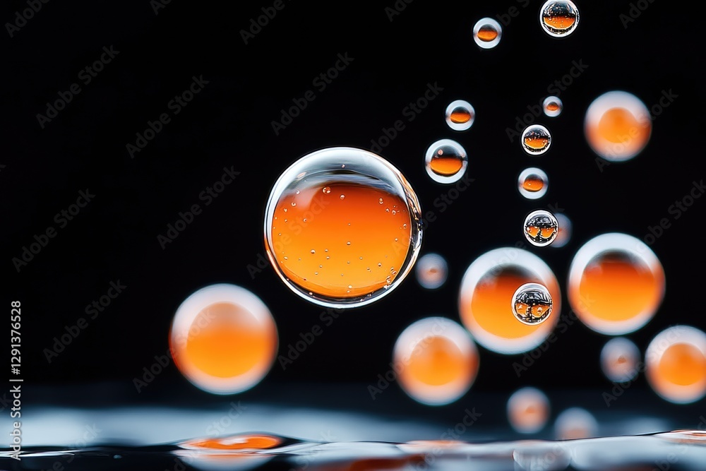 Poster Orange and transparent bubbles floating on dark background with reflections