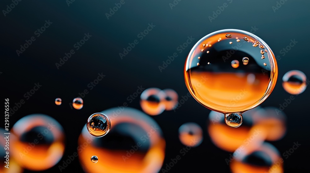 Poster orange liquid spheres hanging with small bubbles inside on a dark background