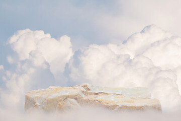 Stone table top podium outdoor on blue sky soft white fluffy cloud background.Beauty cosmetic...