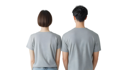 Portrait of a young beautiful woman short hair and handsome man korean wearing a gray T-shirt and jeans, back view, mockup template design