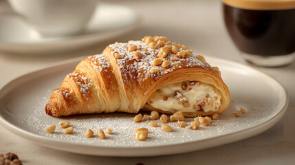 Delightful Croissant: A freshly baked croissant filled with a sweet, creamy filling and topped with pine nuts, served on a plate alongside a cup of rich espresso and a teacup.