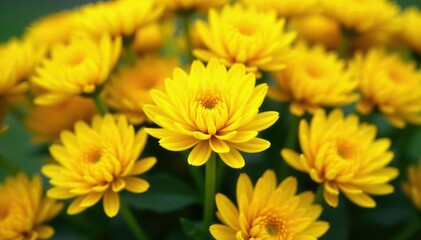 Densely packed chrysanthemum flowers in yellow hues surrounding a central stem, petals, flowers, blossom