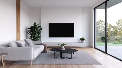Modern living room with minimalist design, featuring a sofa, coffee table, TV, and plants, offering a spacious and inviting atmosphere.