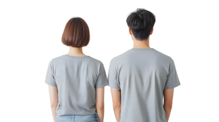 Portrait of a young beautiful woman short hair and handsome man korean wearing a gray T-shirt and jeans, back view, mockup template design