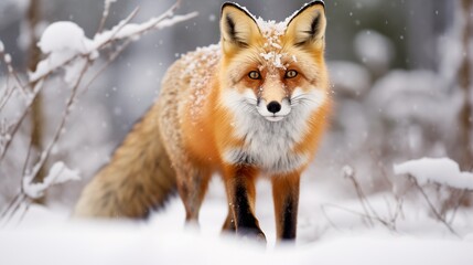 Fototapeta premium A stunning red fox in its thick orange fur coat, gracefully walking across a snow-covered forest meadow, snowflakes gently falling around it 