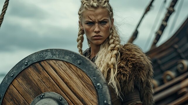 Fierce Viking shieldmaiden with braided blond hair holding a wooden shield on a ship, historical Nordic warrior scene