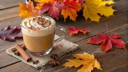 Cozy fall setting featuring a pumpkin spice latte with autumn leaves and spices on a wooden table