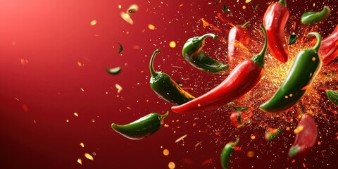 Floating spicy jalapeÃ?os with fiery sparks flying off on a bold chili red background 3D background minimalistic mockup with space for text