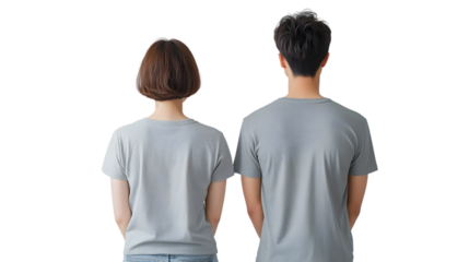 Portrait of a young beautiful woman short hair and handsome man korean wearing a gray T-shirt and jeans, back view, mockup template design