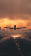 A plane is taking off from the airport runway at sunset

