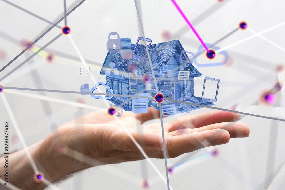 Poster home iot - Neural network 3D illustration. Big data and cybersecurity - 3d