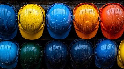 Assorted colorful hard hats piled on a surface. Workplace safety theme,