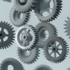 Floating gray gears create dynamic industrial atmosphere, showca
