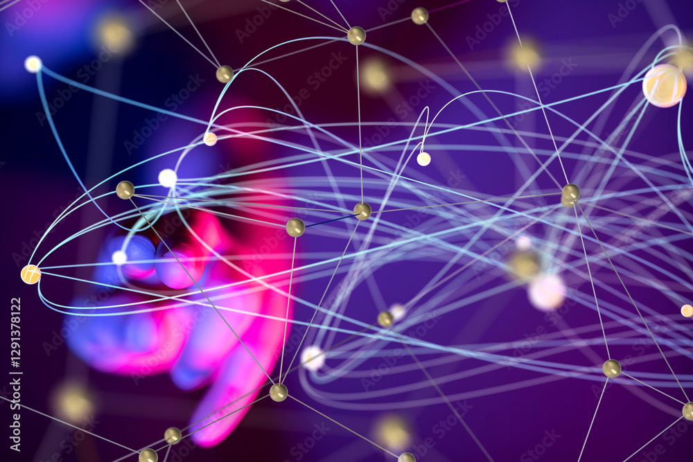 Poster Global network. Blockchain. 3D illustration. Neural networks and artificial intelligence. Abstract