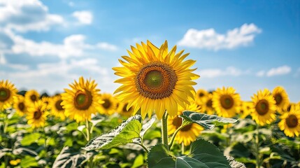 Obraz premium Golden sunflower blooming in green field under blue sky with scattered clouds during summer