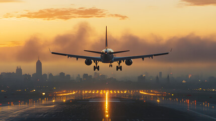 A plane is taking off from the airport runway at sunset
