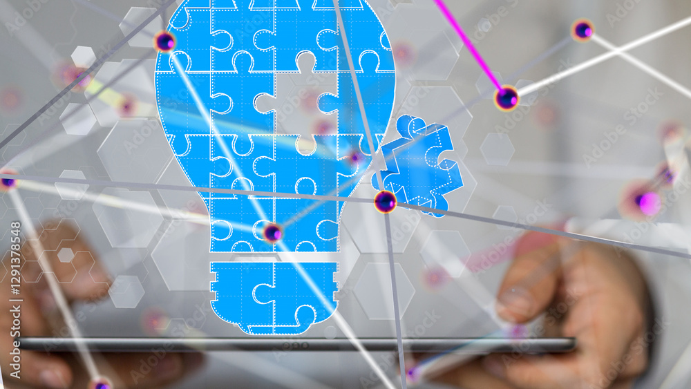 Poster Neural network 3D illustration. Big data and cybersecurity - 3d