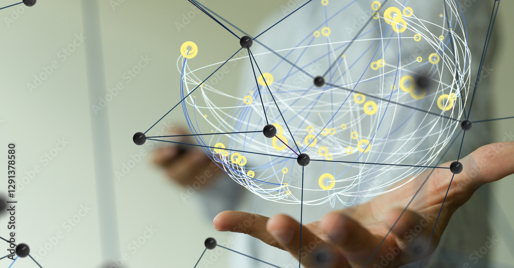 Poster Global network. Blockchain. 3D illustration. Neural networks and artificial intelligence. Abstract