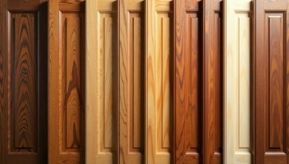 Variety of wood cabinet door samples displayed in a row , texture, door sample
