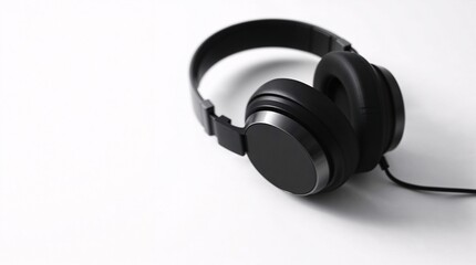 Classic black headphones resting on white surface with copy space