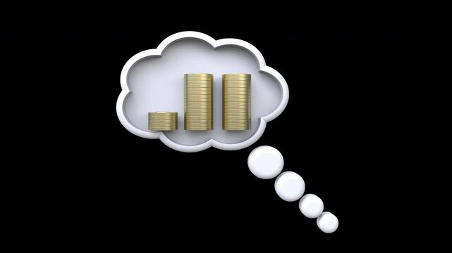 A thought bubble containing stacks of coins and a fluffy cloud, symbolizing financial dreams with alpha channel