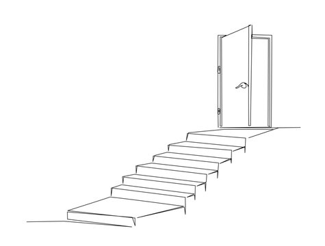 Continuous one line drawing of Opened door with stairs. Opened door with stairs - hope, suscess symbol in single line draw illustration. Editable stroke.
