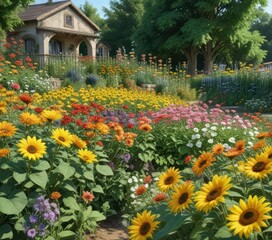 Colorful watercolor flowers in a garden setting surrounded by lush greenery and sunflowers, summer vibes, nature art, spring inspiration