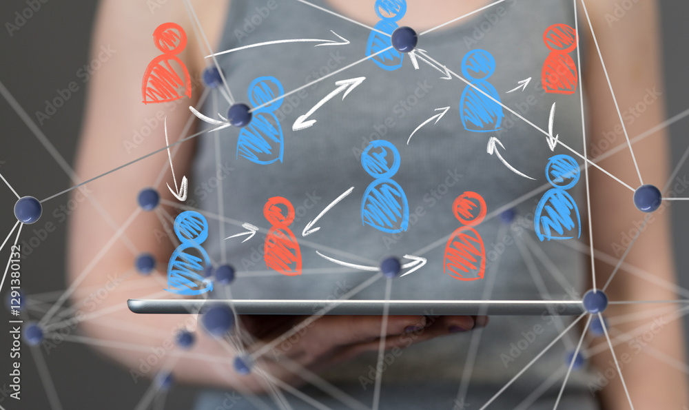 Aufkleber Global network. Blockchain. 3D illustration. Neural networks and artificial intelligence. Abstract