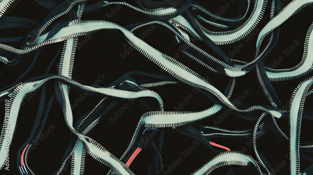 Poster intricate pattern of intertwined zippers on dark background for creative design