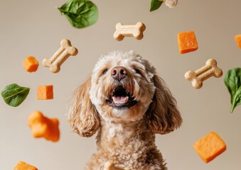 Happy dog looking up at floating dog treats and vegetables in shape of bone cookies, concept of labradoodle canine nutrition and healthy diet, vegan dog  food