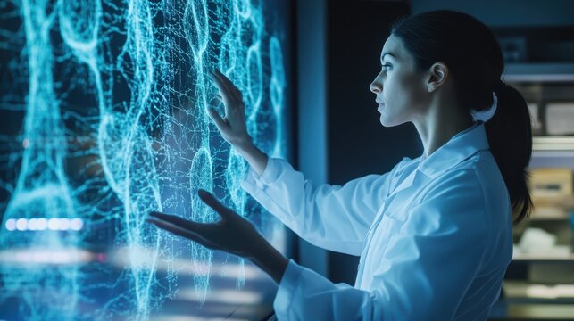Scientist Analyzing Stem Cell Structures on AI-Powered Holographic Screen in Futuristic Biotechnology Breakthroughs
