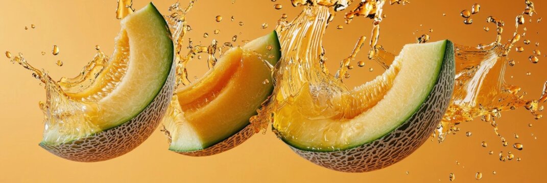 Flying cantaloupe slices with juice splashes on Soft Orange Background
